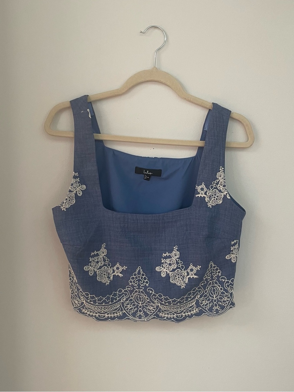 Lulu's Blue Havana embroidered cropped tank top